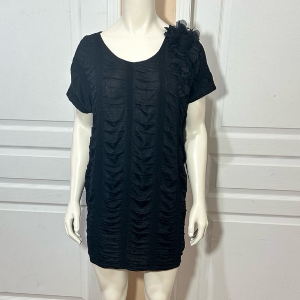 BLACK RUCHED TUNIC MINI DRESS WITH POCKETS ELEGANT CHIC - Picture 1 of 7